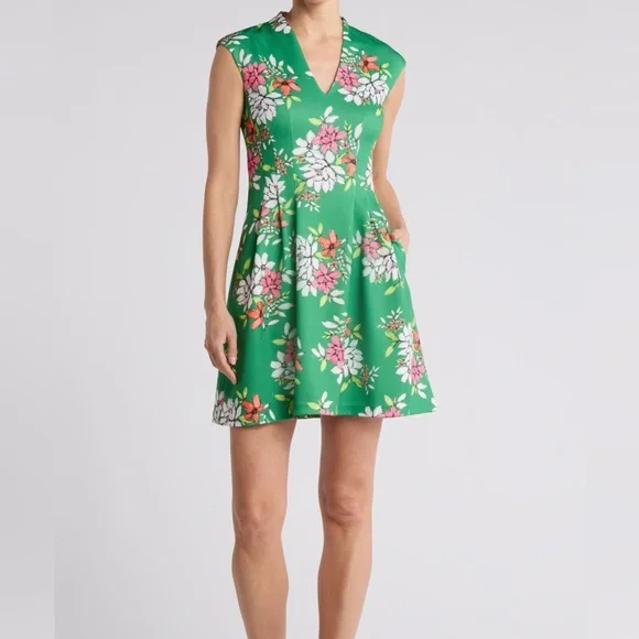 Vince Camuto Green Floral Scuba Knit Fit and Flare Dress Size 8 - Picture 1 of 12